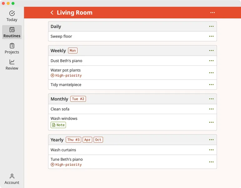 Screenshot of Homemaking App routine page on macOS